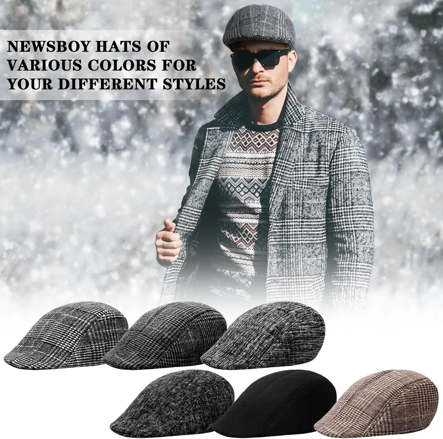 Newcotte 6 Pieces Newsboy Cap for Men Classic Herringbone Tweed Flat Cap Irish Beret Hat for Cabbie Driving Hunting
