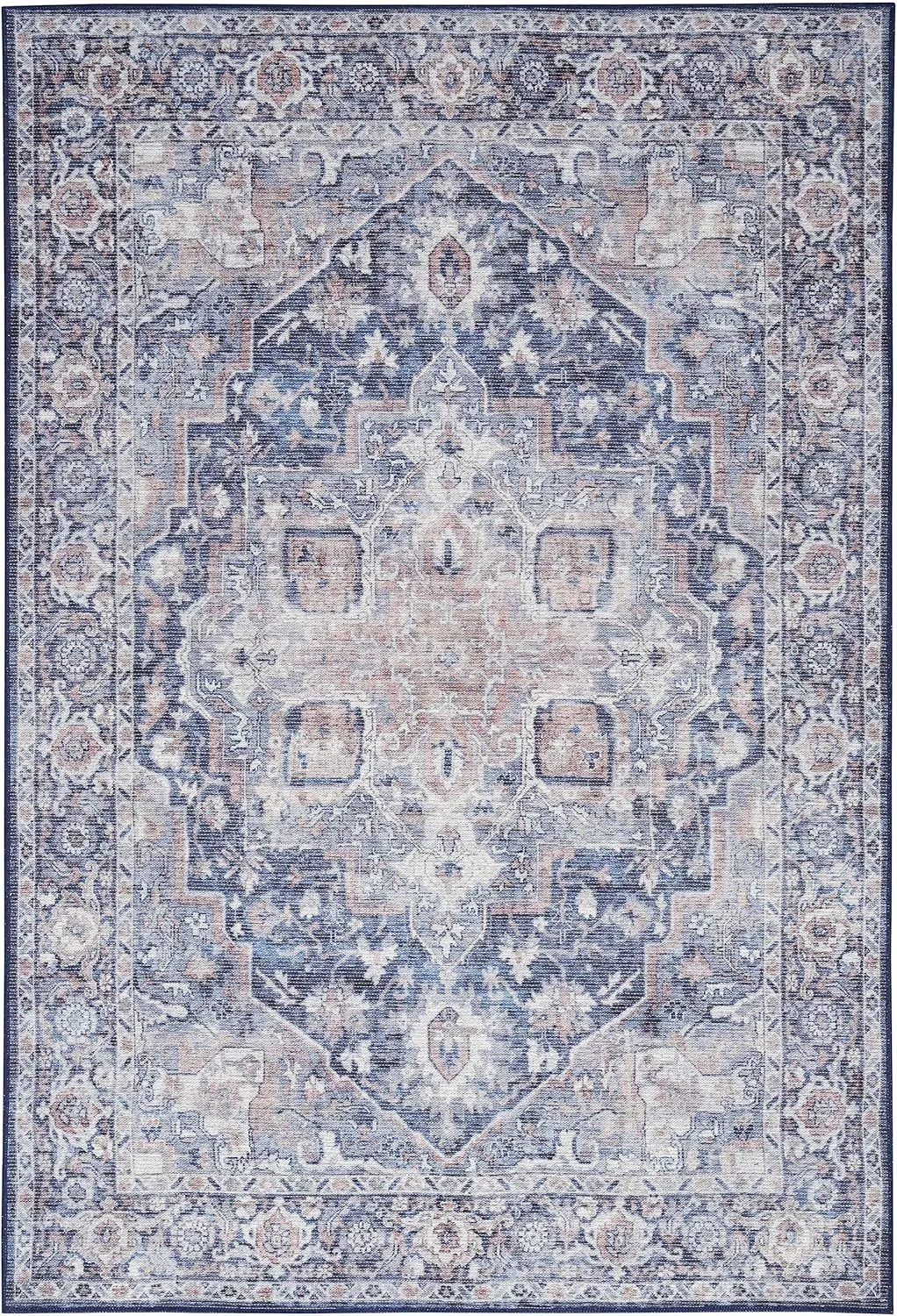 Nicole Curtis Machine Washable Series 1 Traditional Ivory Navy 5'3" x 7'3" Area -Rug, Easy -Cleaning, Non Shedding, Bed Room, Living Room, Dining Room, Kitchen (5x7)