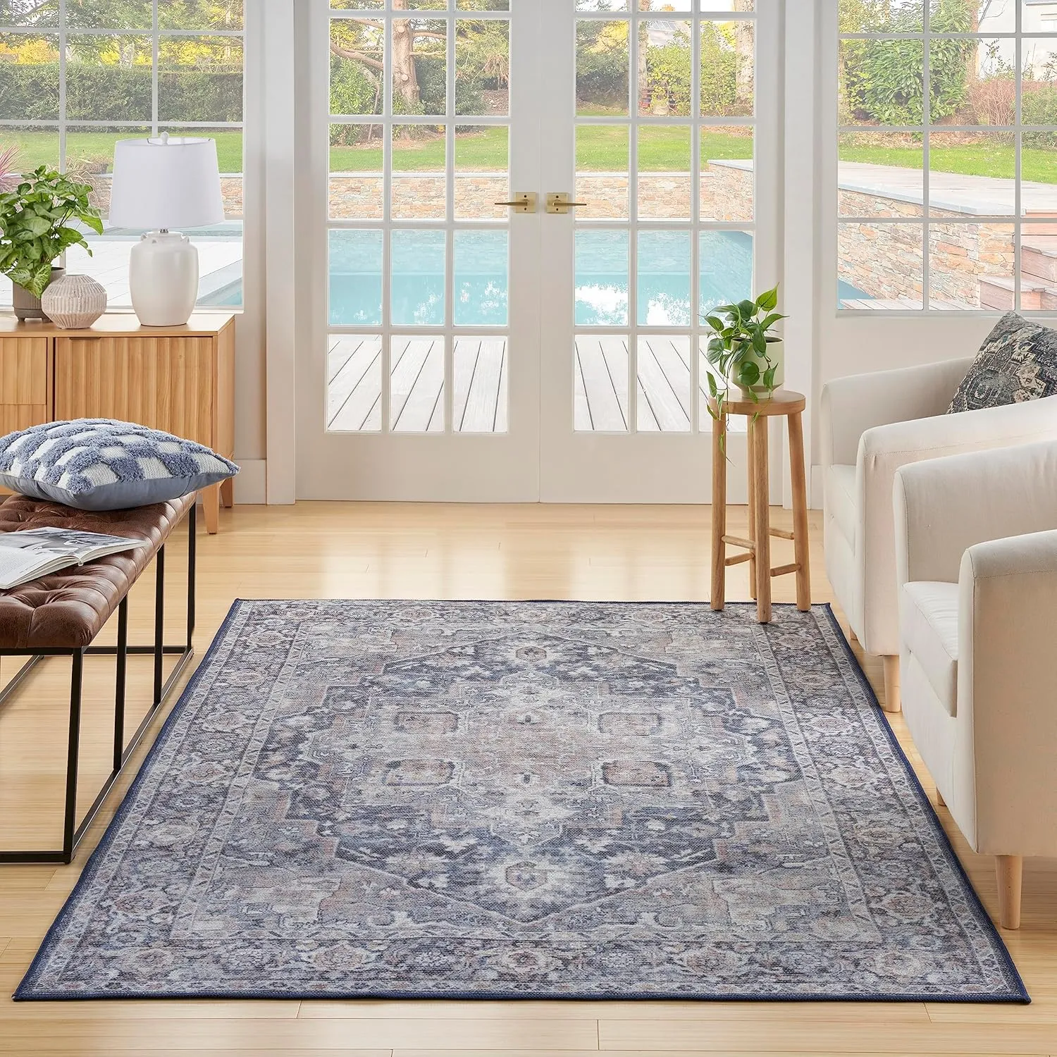 Nicole Curtis Machine Washable Series 1 Traditional Ivory Navy 5'3" x 7'3" Area -Rug, Easy -Cleaning, Non Shedding, Bed Room, Living Room, Dining Room, Kitchen (5x7)