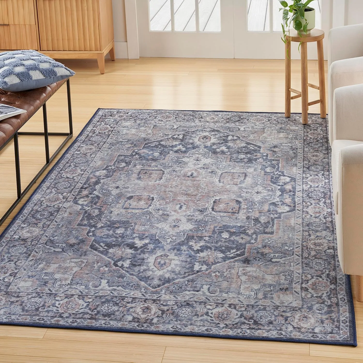 Nicole Curtis Machine Washable Series 1 Traditional Ivory Navy 5'3" x 7'3" Area -Rug, Easy -Cleaning, Non Shedding, Bed Room, Living Room, Dining Room, Kitchen (5x7)