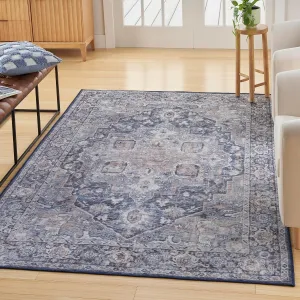 Nicole Curtis Machine Washable Series 1 Traditional Ivory Navy 5'3" x 7'3" Area -Rug, Easy -Cleaning, Non Shedding, Bed Room, Living Room, Dining Room, Kitchen (5x7)