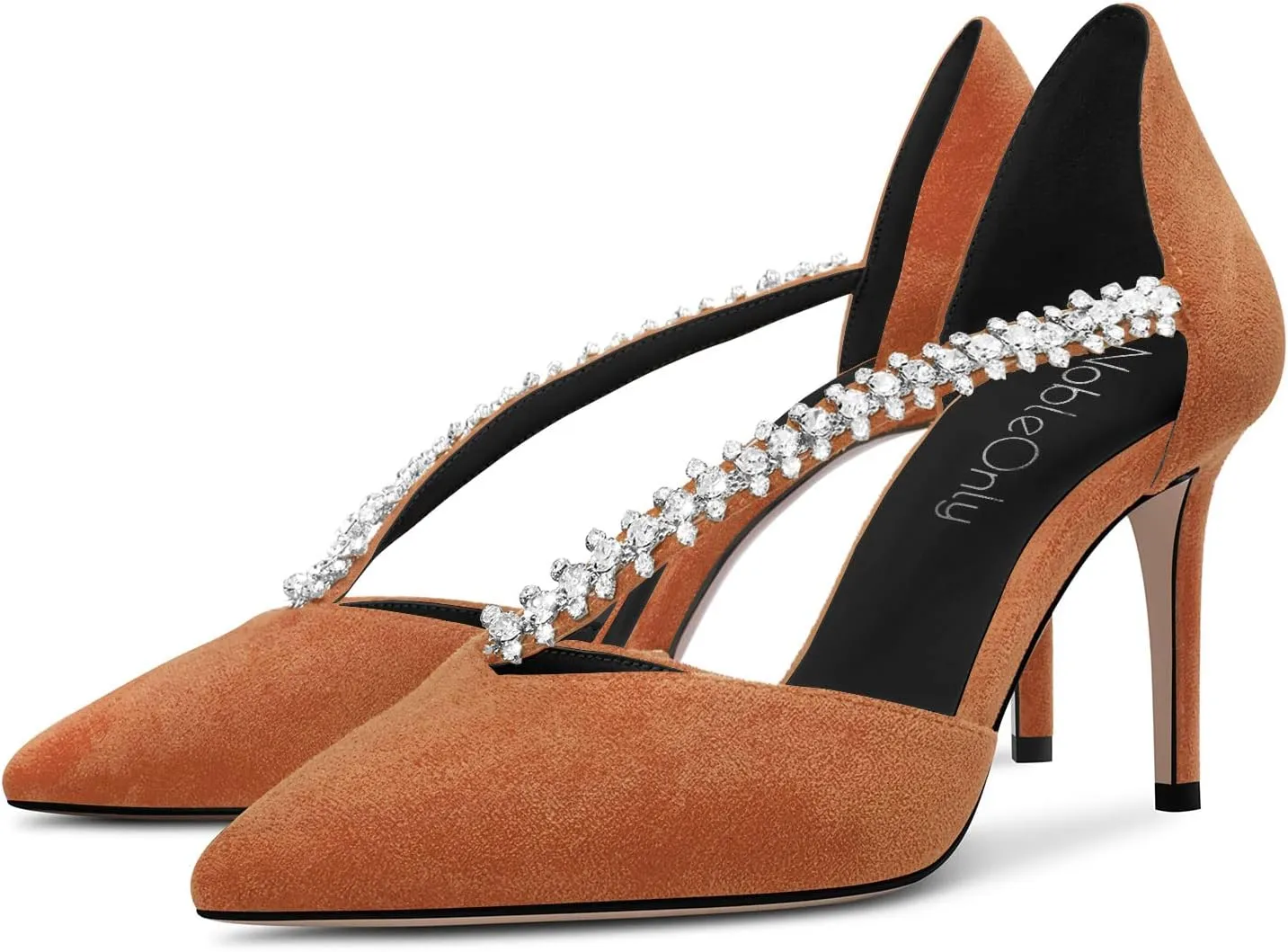 NobleOnly Women Pointed Toe High Heel Two-Piece Slip-on Pumps Rhinestone Crystal Glitter Prom Party Sexy Dress Shoes 3.2 Inches Heels