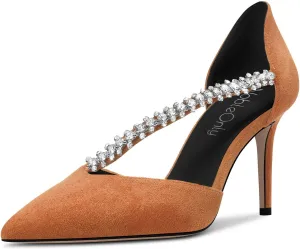 NobleOnly Women Pointed Toe High Heel Two-Piece Slip-on Pumps Rhinestone Crystal Glitter Prom Party Sexy Dress Shoes 3.2 Inches Heels
