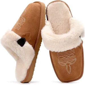 OOW Fuzzy House Slippers for Women with Memory Foam Comfy Bedroom Fluffy Western Cowgirl Boot Slippers Indoor Outdoor Square Toe