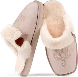 OOW Fuzzy House Slippers for Women with Memory Foam Comfy Bedroom Fluffy Western Cowgirl Boot Slippers Indoor Outdoor Square Toe