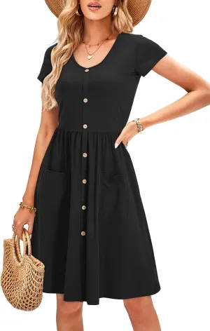 OUGES Women's V Neck Button Down Skater Dress with Pockets