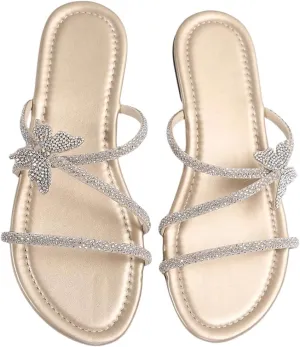 OYOANGLE Women's Butterfly Rhinestone Shiny Slide Sandals Strappy Slip on Flat Sandals Dressy Casual Sliders