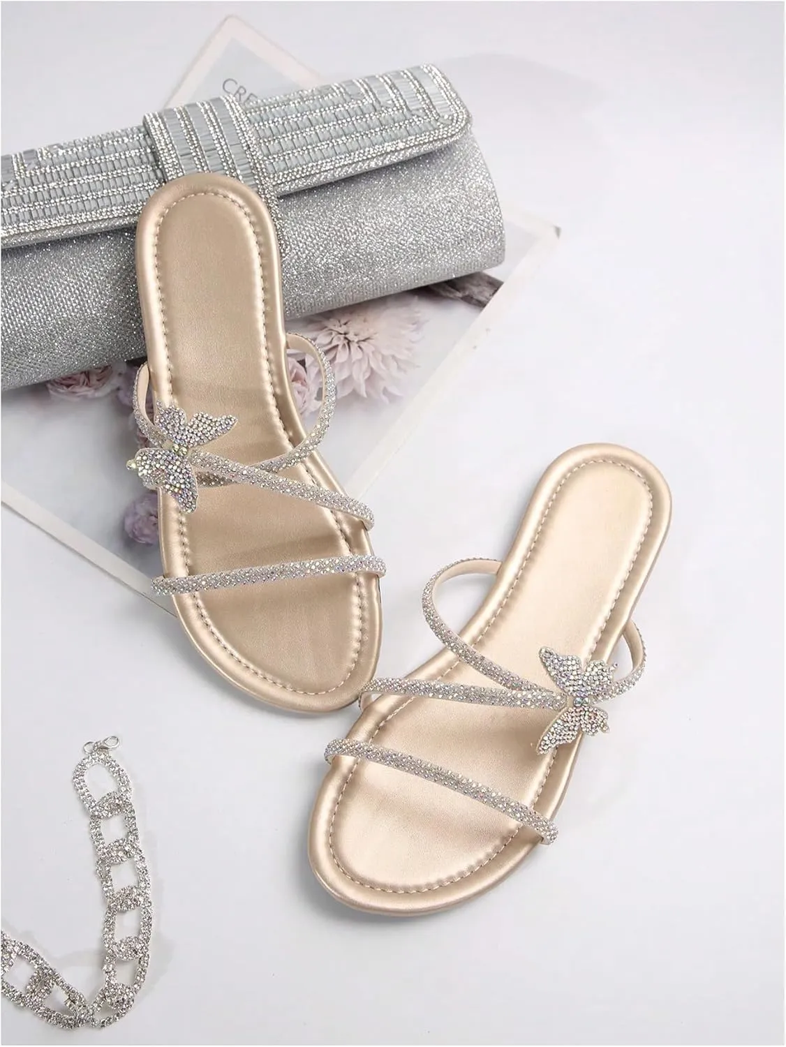 OYOANGLE Women's Butterfly Rhinestone Shiny Slide Sandals Strappy Slip on Flat Sandals Dressy Casual Sliders