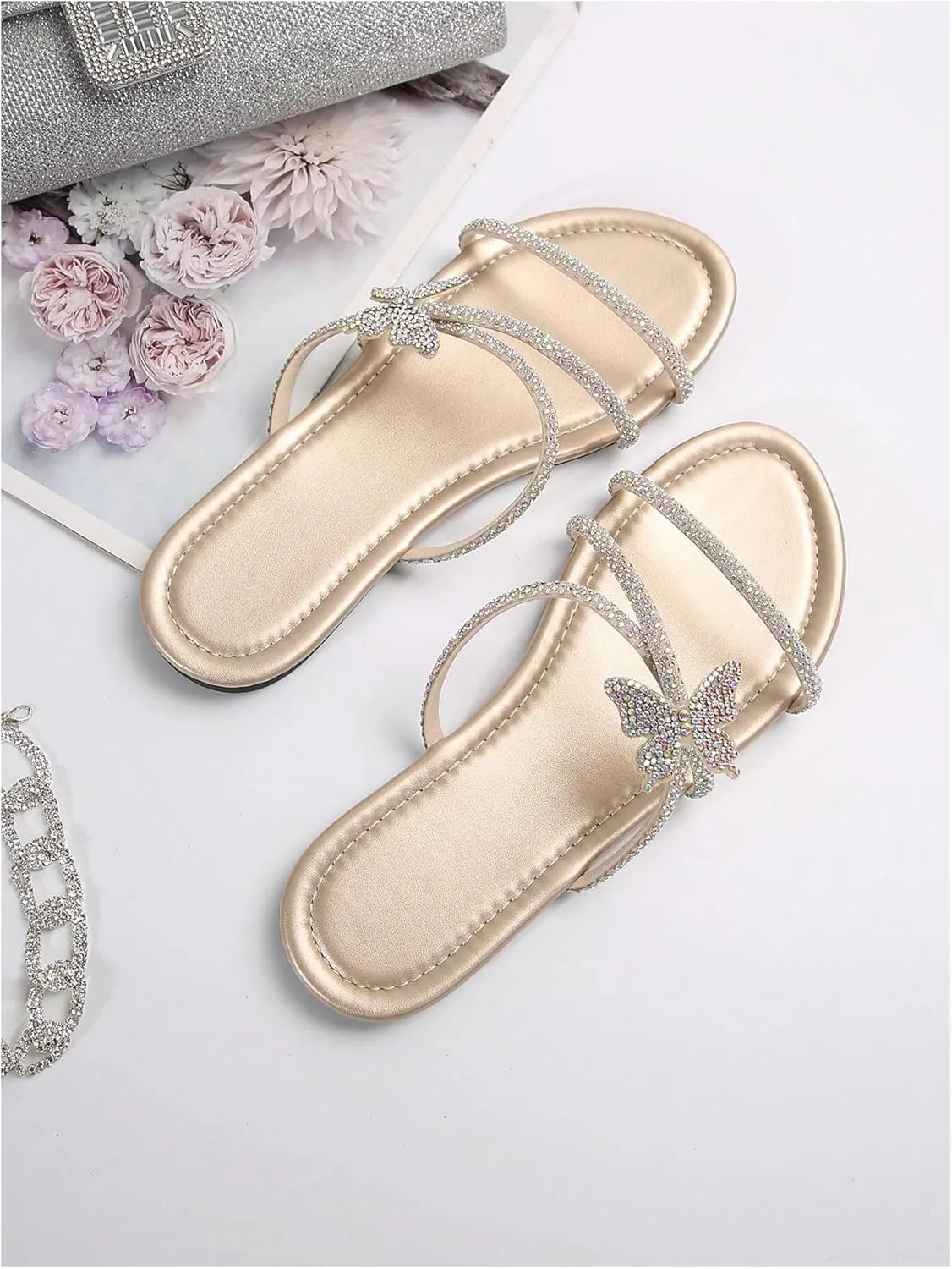 OYOANGLE Women's Butterfly Rhinestone Shiny Slide Sandals Strappy Slip on Flat Sandals Dressy Casual Sliders
