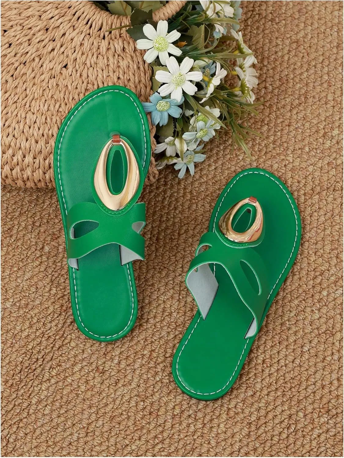OYOANGLE Women's Metal Decor Leather Thong Sandals Open Toe Slip on Flat Sandal Casual Flip Flops