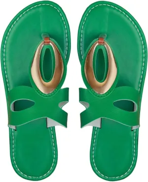 OYOANGLE Women's Metal Decor Leather Thong Sandals Open Toe Slip on Flat Sandal Casual Flip Flops