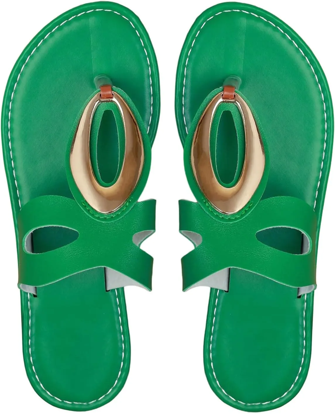 OYOANGLE Women's Metal Decor Leather Thong Sandals Open Toe Slip on Flat Sandal Casual Flip Flops