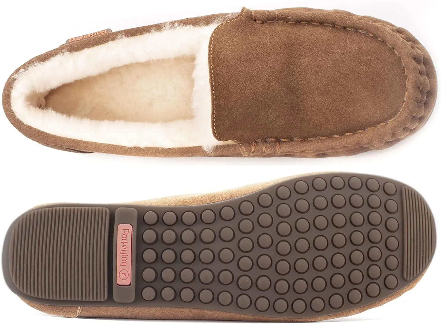 Parfeying Women's Sheepskin Moccasin Slippers Cow Suede Memory Foam Driving Style Loafers