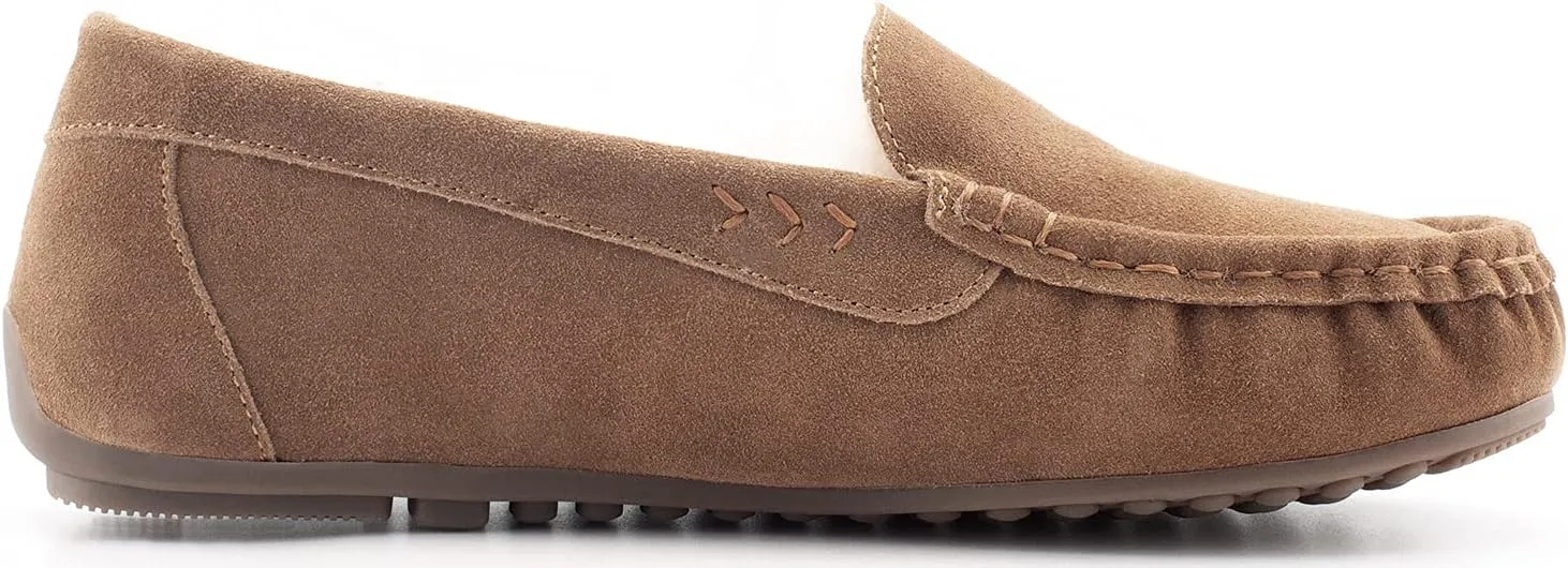 Parfeying Women's Sheepskin Moccasin Slippers Cow Suede Memory Foam Driving Style Loafers