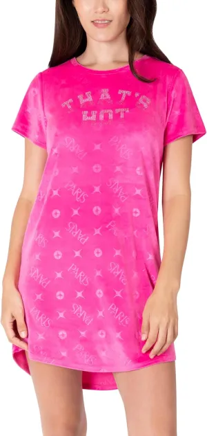 Paris Hilton Women's Velour Crew Neck Shirttail Hem Rhinestone Nightshirt