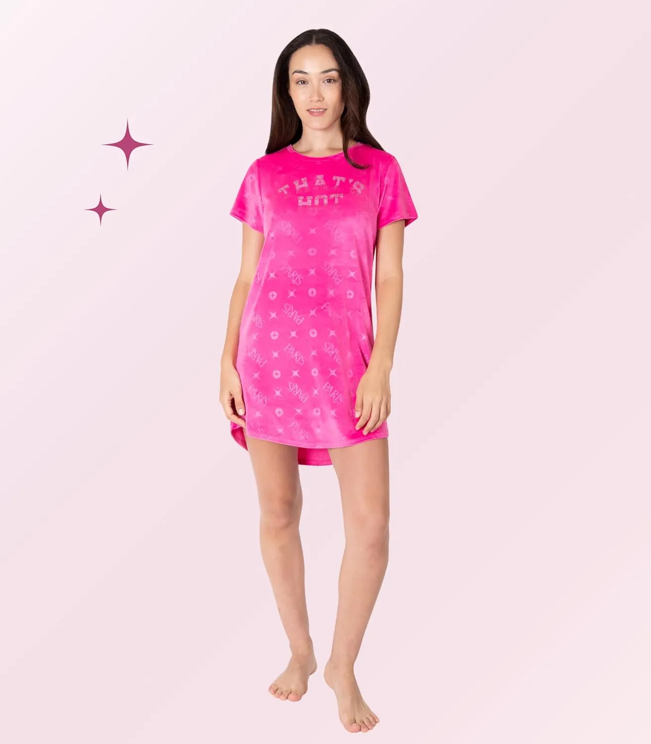 Paris Hilton Women's Velour Crew Neck Shirttail Hem Rhinestone Nightshirt