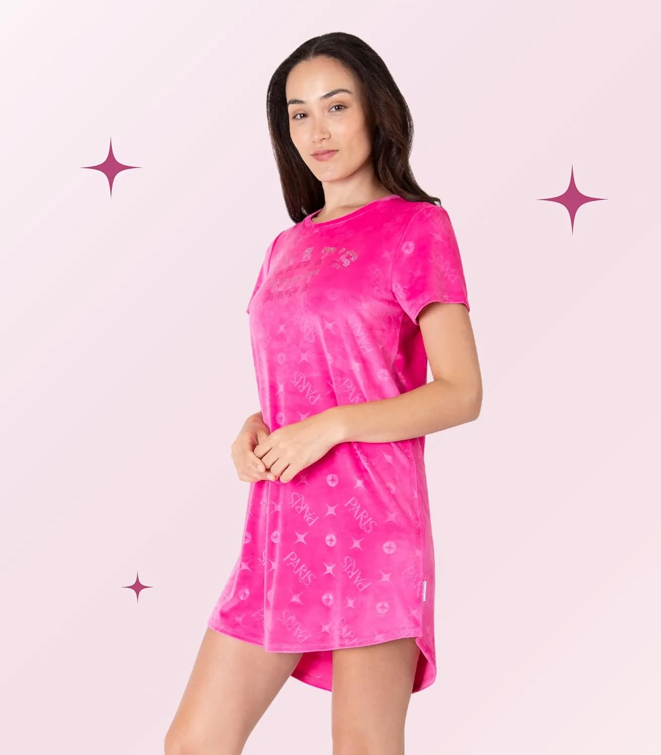 Paris Hilton Women's Velour Crew Neck Shirttail Hem Rhinestone Nightshirt