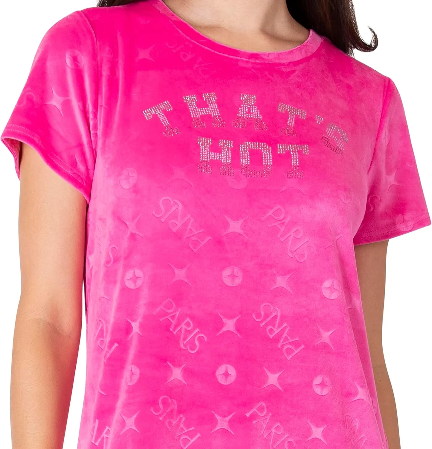 Paris Hilton Women's Velour Crew Neck Shirttail Hem Rhinestone Nightshirt