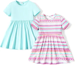 PATPAT Toddler Girl Floral Skater Multipack Dresses 3-Pack Polka Dots Short Sleeve Priness A-line Dress