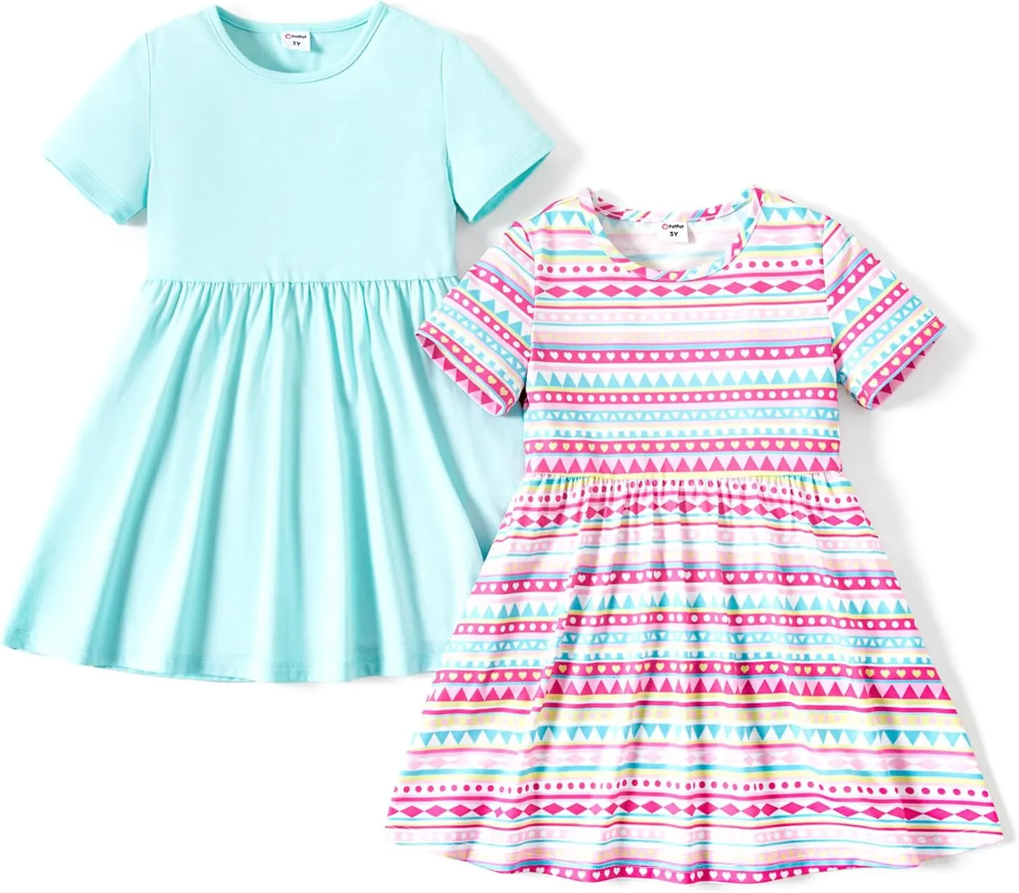 PATPAT Toddler Girl Floral Skater Multipack Dresses 3-Pack Polka Dots Short Sleeve Priness A-line Dress