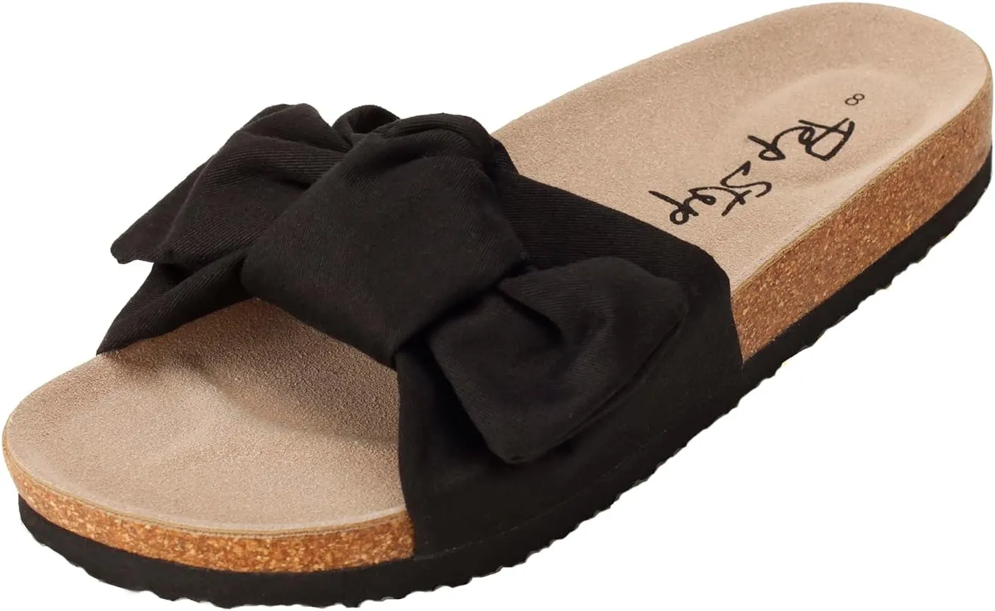 PepStep Slide Sandals for Women or Ladies Dressy Summer Casual, Cute Bow Tie Knot On Top Strap, Comfy Slip On Cork Foot Bed