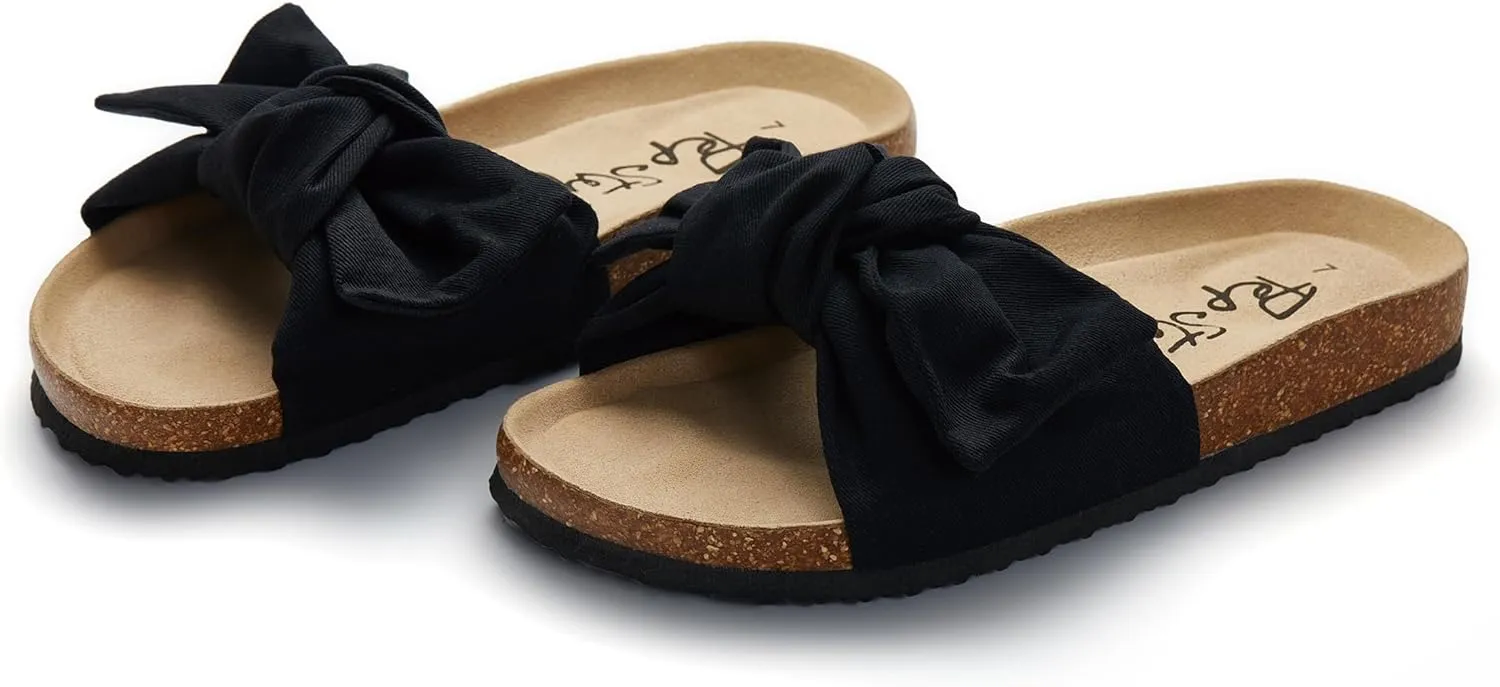 PepStep Slide Sandals for Women or Ladies Dressy Summer Casual, Cute Bow Tie Knot On Top Strap, Comfy Slip On Cork Foot Bed