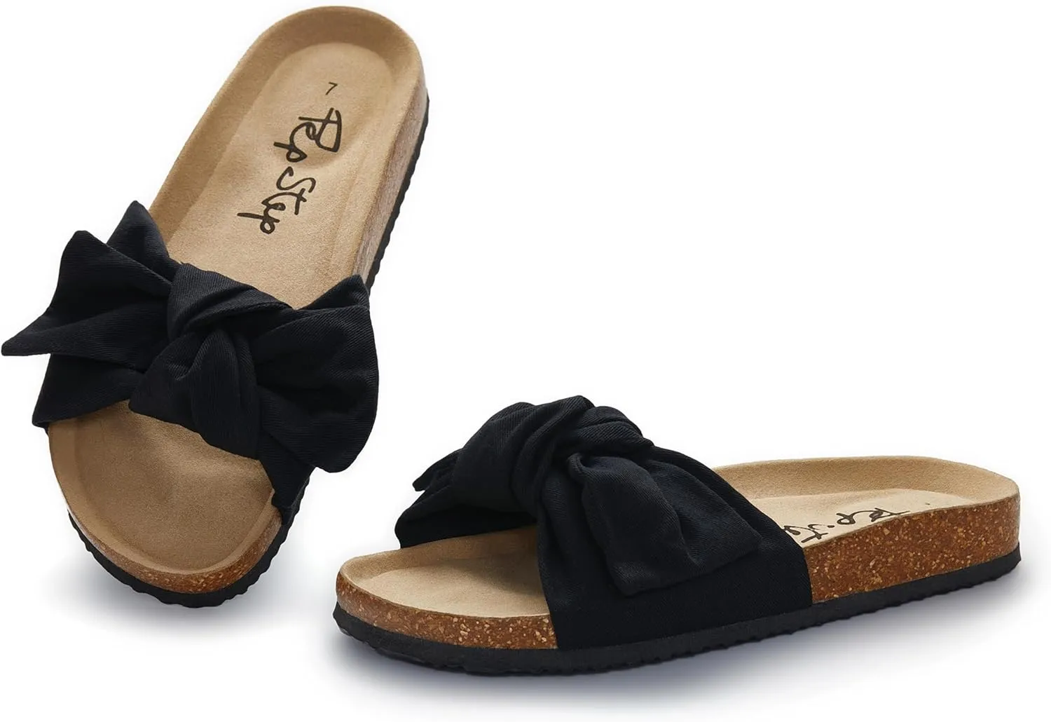 PepStep Slide Sandals for Women or Ladies Dressy Summer Casual, Cute Bow Tie Knot On Top Strap, Comfy Slip On Cork Foot Bed