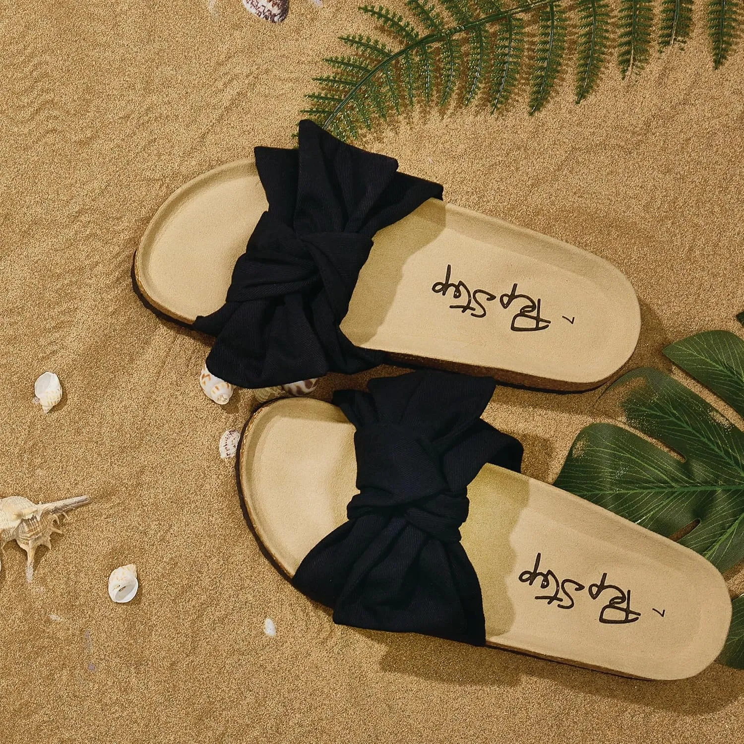 PepStep Slide Sandals for Women or Ladies Dressy Summer Casual, Cute Bow Tie Knot On Top Strap, Comfy Slip On Cork Foot Bed