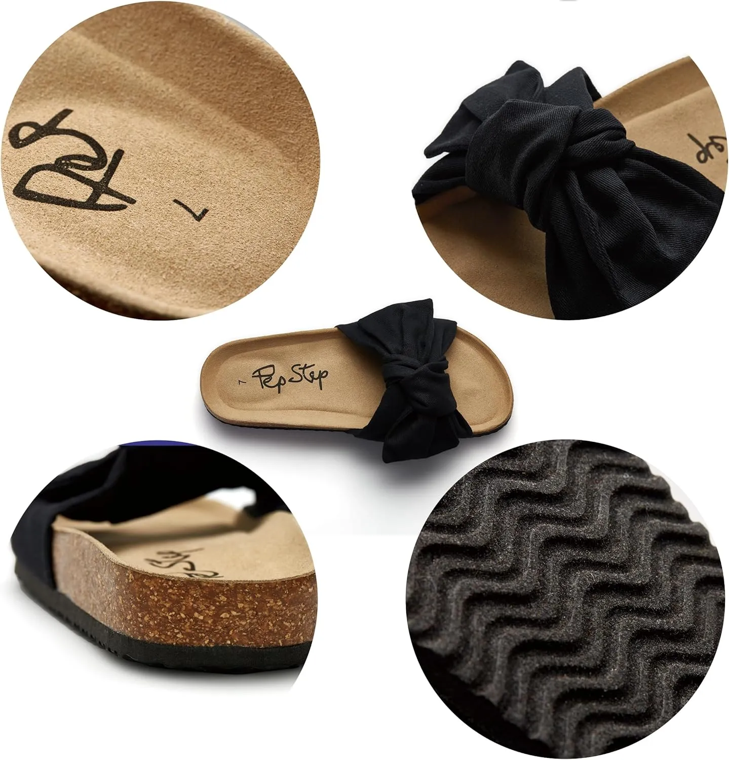 PepStep Slide Sandals for Women or Ladies Dressy Summer Casual, Cute Bow Tie Knot On Top Strap, Comfy Slip On Cork Foot Bed