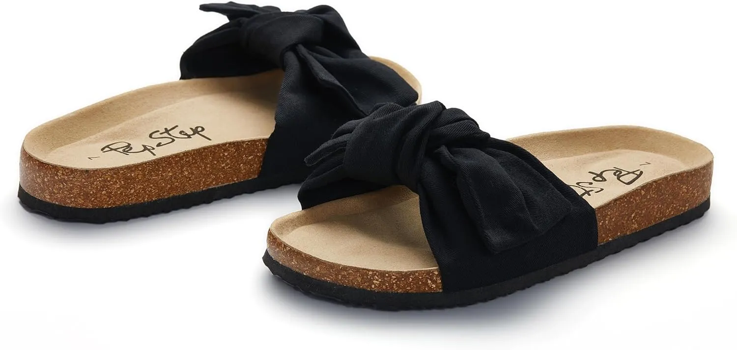 PepStep Slide Sandals for Women or Ladies Dressy Summer Casual, Cute Bow Tie Knot On Top Strap, Comfy Slip On Cork Foot Bed