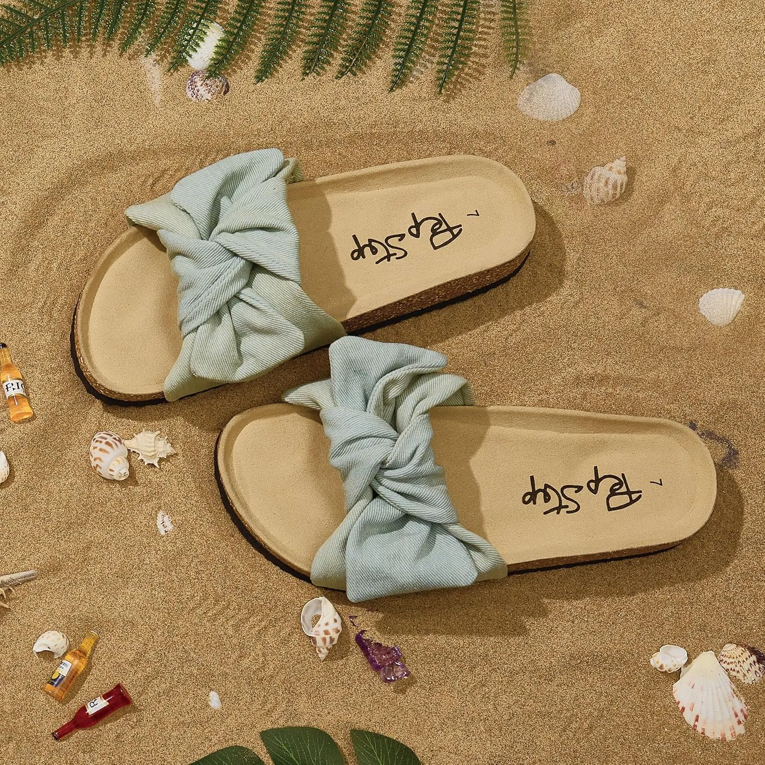 PepStep Slide Sandals for Women or Ladies Dressy Summer Casual, Cute Bow Tie Knot On Top Strap, Comfy Slip On Cork Foot Bed
