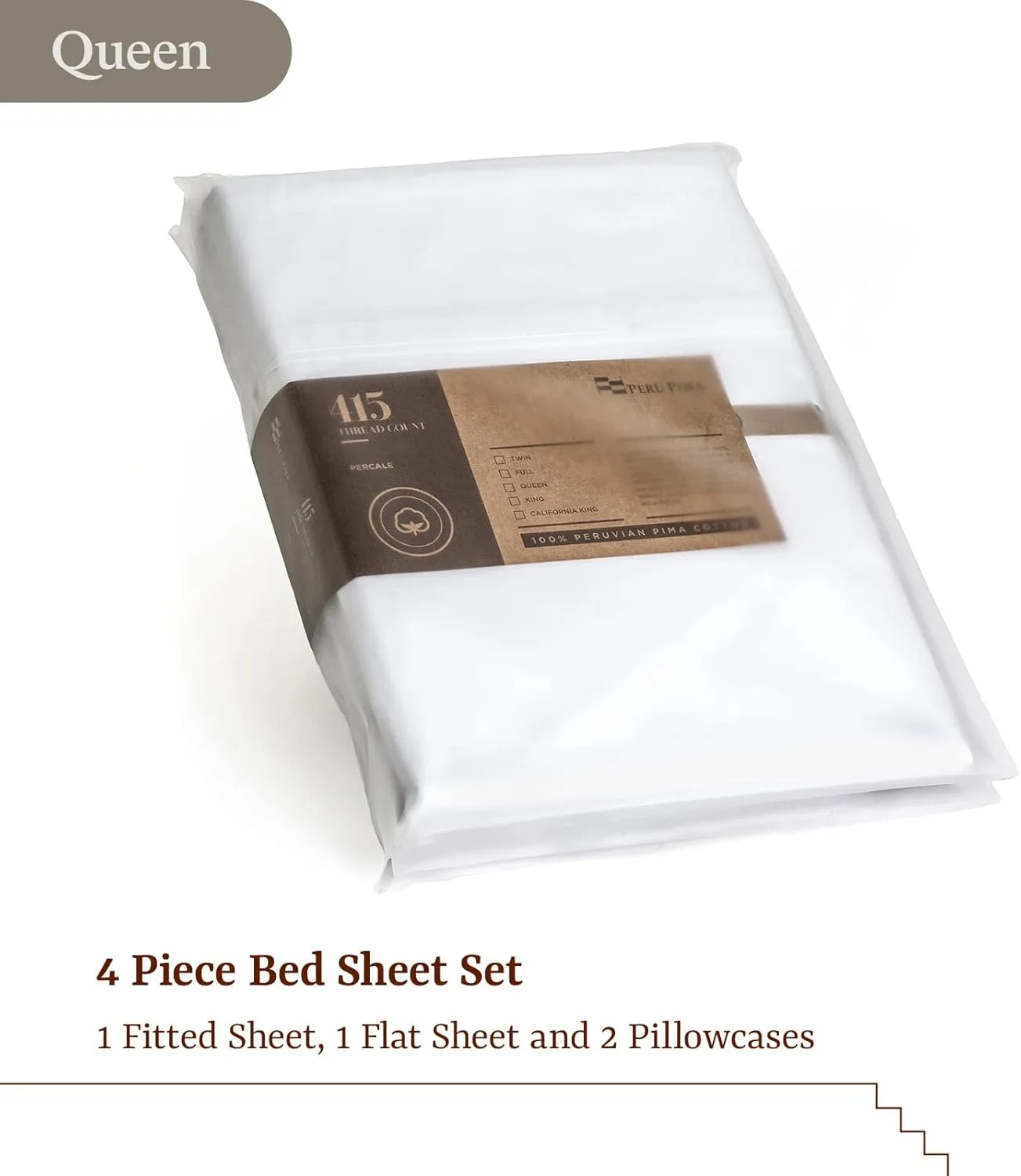 Peru Pima Bed Sheet Set – Queen Size, 4 Pieces, 100% Peruvian Pima Cotton, Percale, 415 Thread Count, Cooling, Breathable & Soft, Hotel-Quality Bedding, White