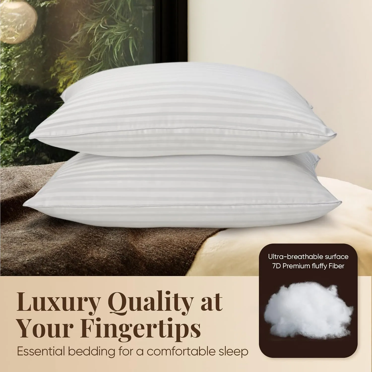 Pillows Queen Size Set of 2, Hotel Collection Bed Pillows for Sleeping, Gusseted Pillow for Back, Stomach or Side Sleepers(Bright White)