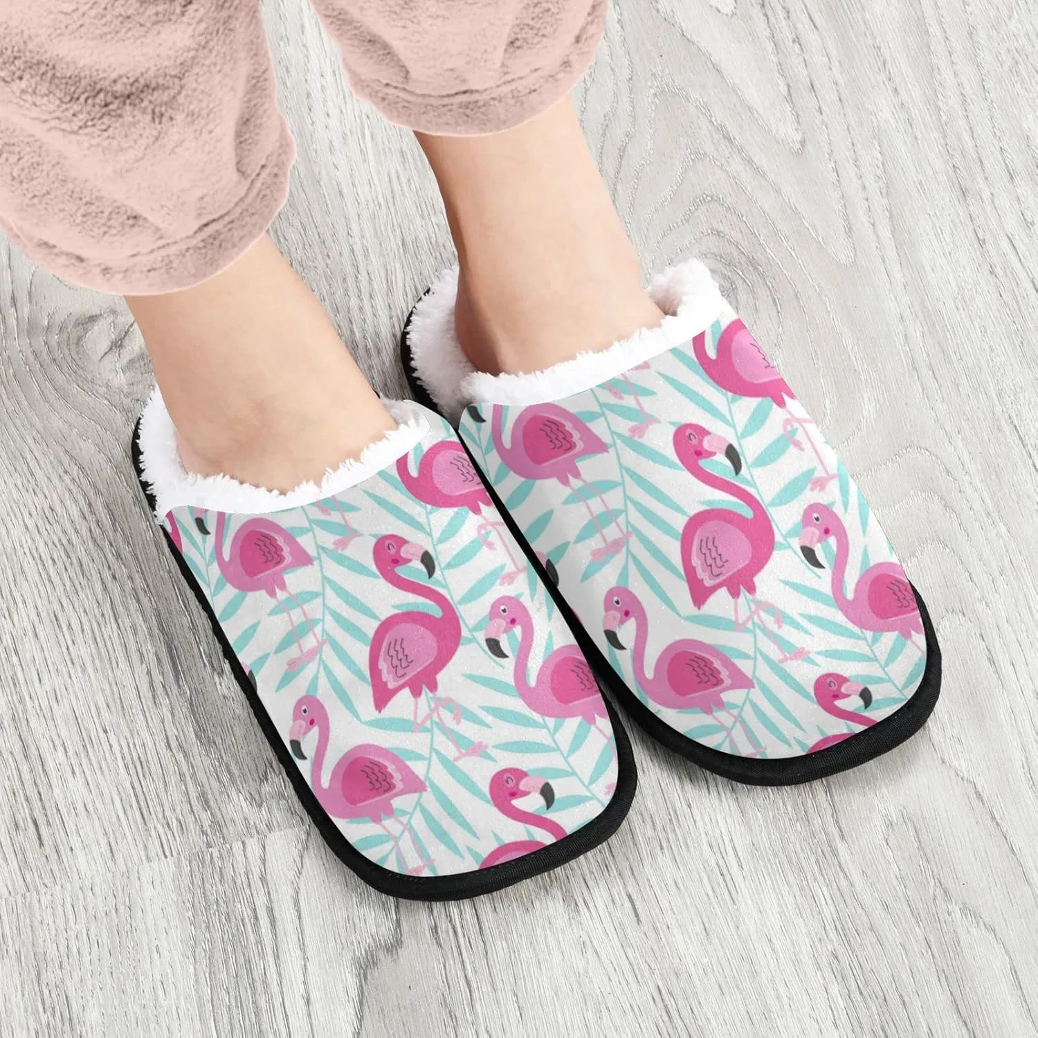 Pink Flamingo and Blue Tropical Leaves Slippers for Women Men, Memory Foam House Slippers, Non-Slip Indoor Outdoor Winter Bedroom Shoes