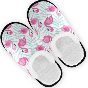 Pink Flamingo and Blue Tropical Leaves Slippers for Women Men, Memory Foam House Slippers, Non-Slip Indoor Outdoor Winter Bedroom Shoes