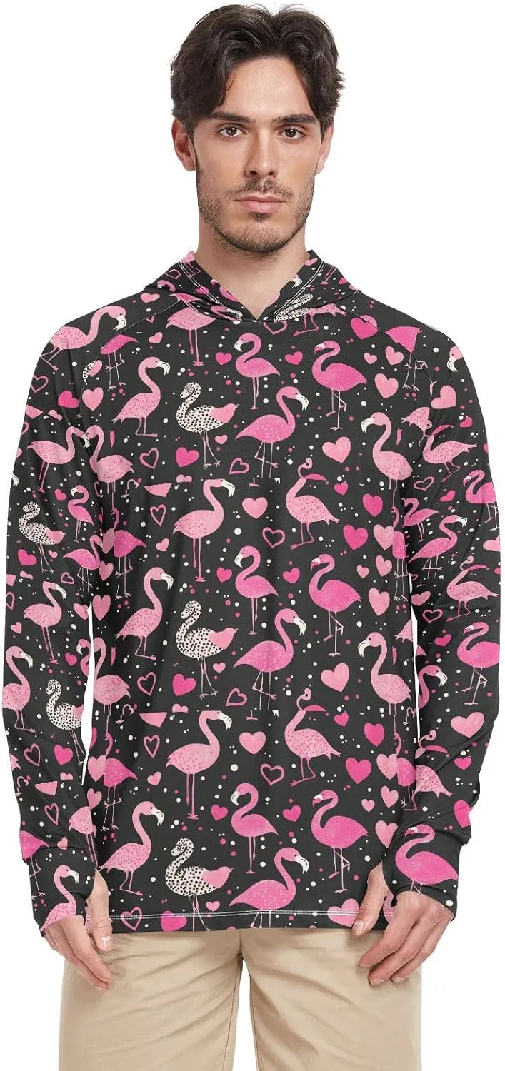 Pink Valentine Flamingos Mens Sun Protection Hoodie Long Sleeve Sun Shirt with Hood UPF 50  Quick Dry UV Hooded Rash Guard Sun Proof Shirts Camisas con Gorro para Hombres para trabajar