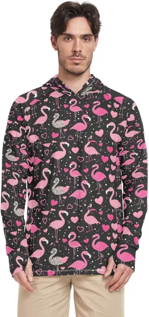 Pink Valentine Flamingos Mens Sun Protection Hoodie Long Sleeve Sun Shirt with Hood UPF 50  Quick Dry UV Hooded Rash Guard Sun Proof Shirts Camisas con Gorro para Hombres para trabajar