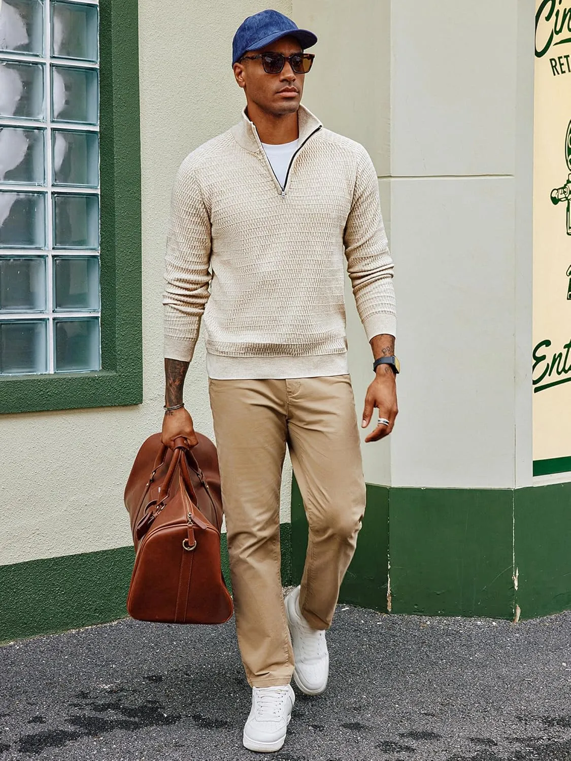 PJ PAUL JONES Men's Quarter Zip Sweaters Slim Fit Long Sleeve Casual Pullover Sweater Knit Textured Mock Neck Polo Sweaters