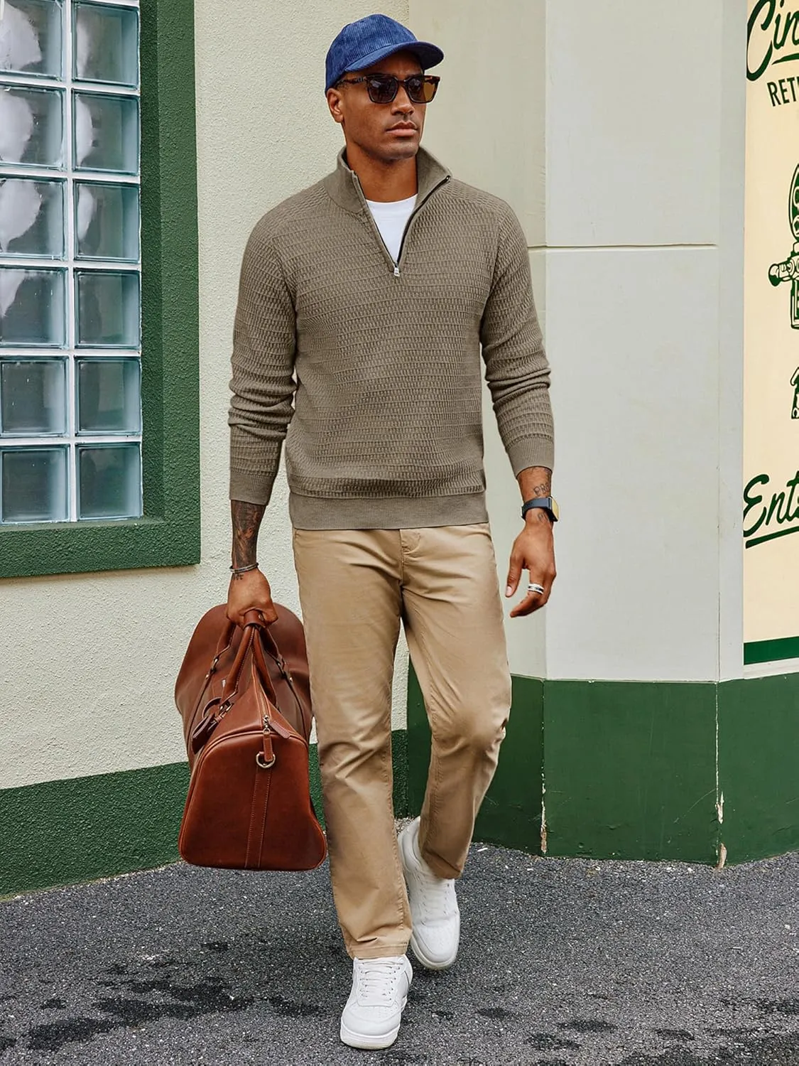 PJ PAUL JONES Men's Quarter Zip Sweaters Slim Fit Long Sleeve Casual Pullover Sweater Knit Textured Mock Neck Polo Sweaters