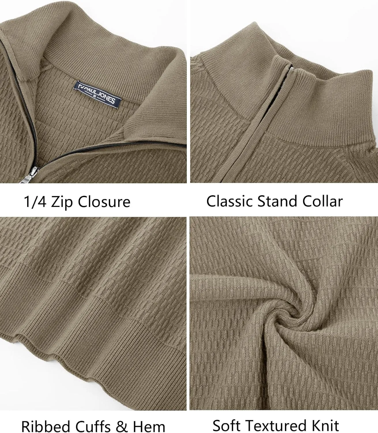 PJ PAUL JONES Men's Quarter Zip Sweaters Slim Fit Long Sleeve Casual Pullover Sweater Knit Textured Mock Neck Polo Sweaters
