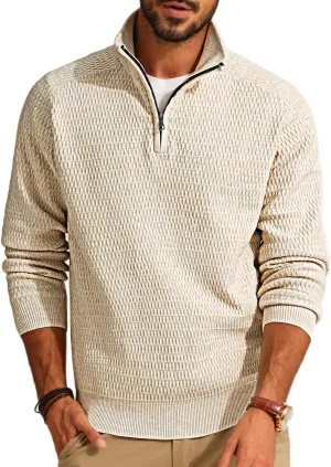 PJ PAUL JONES Men's Quarter Zip Sweaters Slim Fit Long Sleeve Casual Pullover Sweater Knit Textured Mock Neck Polo Sweaters