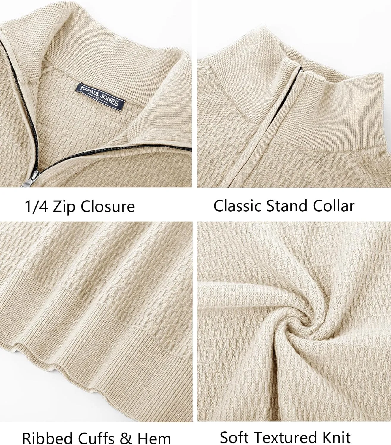 PJ PAUL JONES Men's Quarter Zip Sweaters Slim Fit Long Sleeve Casual Pullover Sweater Knit Textured Mock Neck Polo Sweaters