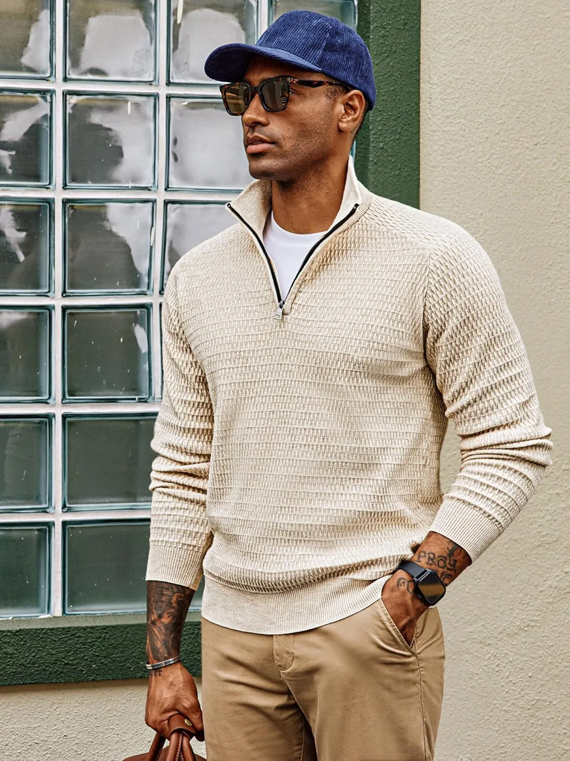 PJ PAUL JONES Men's Quarter Zip Sweaters Slim Fit Long Sleeve Casual Pullover Sweater Knit Textured Mock Neck Polo Sweaters