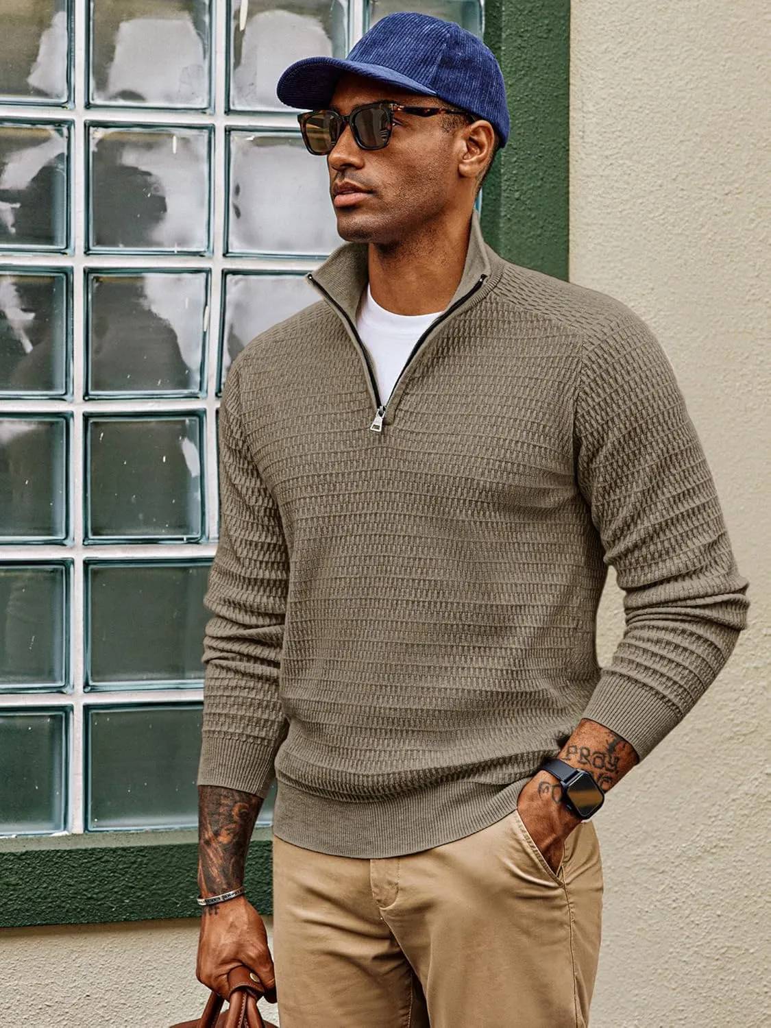 PJ PAUL JONES Men's Quarter Zip Sweaters Slim Fit Long Sleeve Casual Pullover Sweater Knit Textured Mock Neck Polo Sweaters