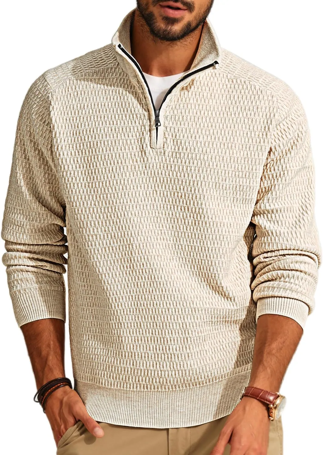 PJ PAUL JONES Men's Quarter Zip Sweaters Slim Fit Long Sleeve Casual Pullover Sweater Knit Textured Mock Neck Polo Sweaters