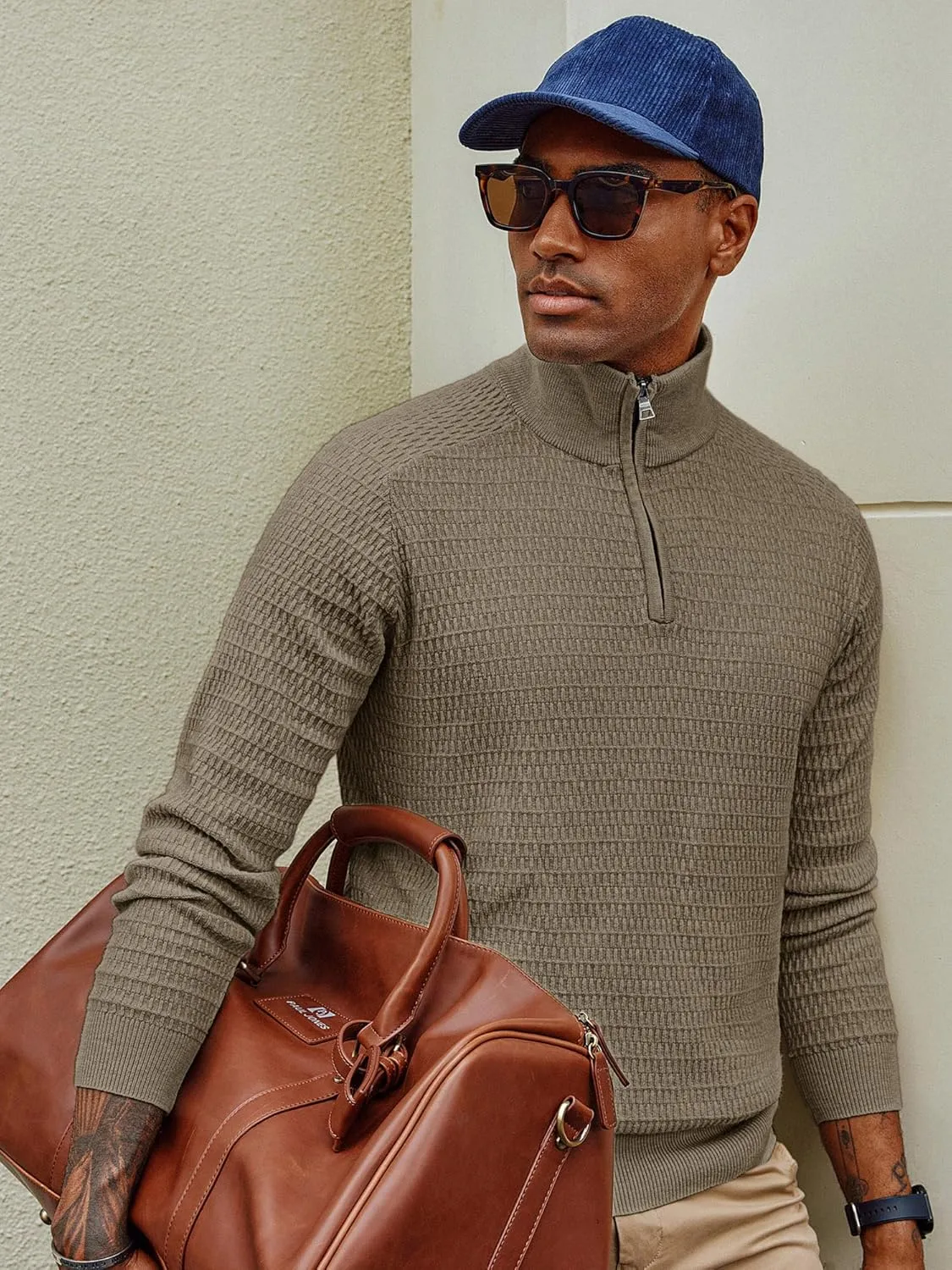 PJ PAUL JONES Men's Quarter Zip Sweaters Slim Fit Long Sleeve Casual Pullover Sweater Knit Textured Mock Neck Polo Sweaters