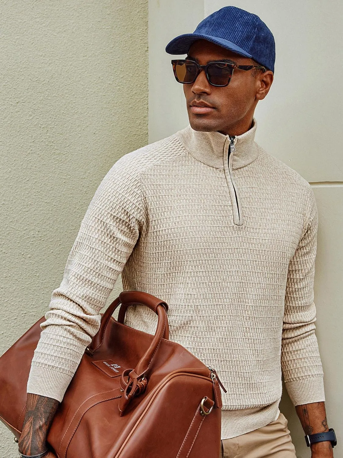 PJ PAUL JONES Men's Quarter Zip Sweaters Slim Fit Long Sleeve Casual Pullover Sweater Knit Textured Mock Neck Polo Sweaters