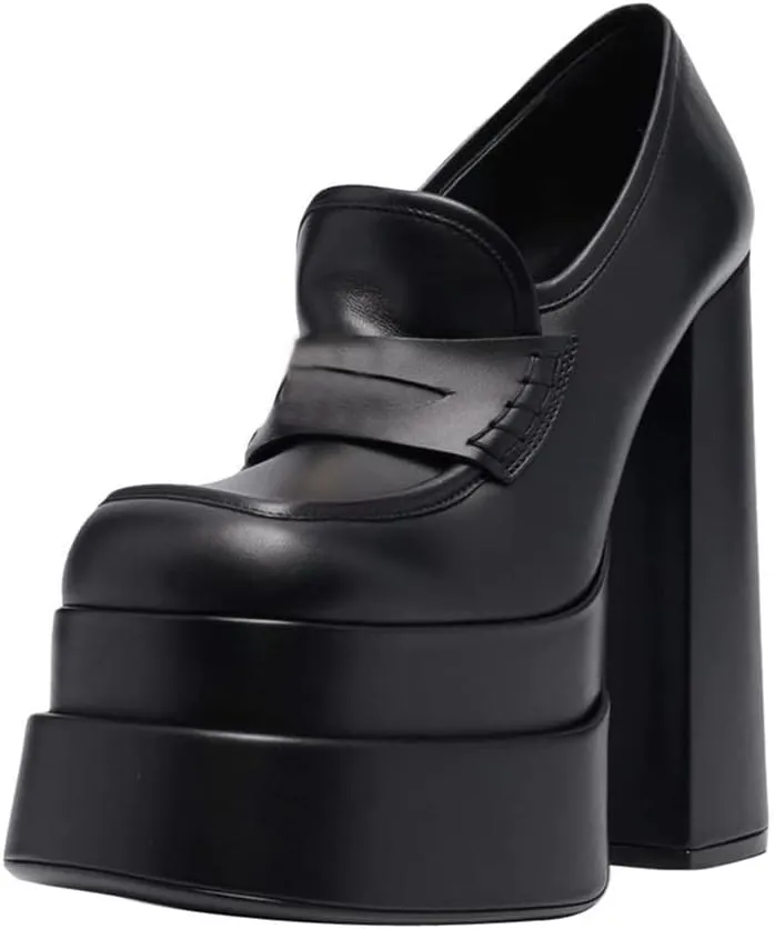 Platform Loafers High Block Heeled Mary Janes for Women Ladies Comfortable Chunky Dress Slip On Square Toe Shoes