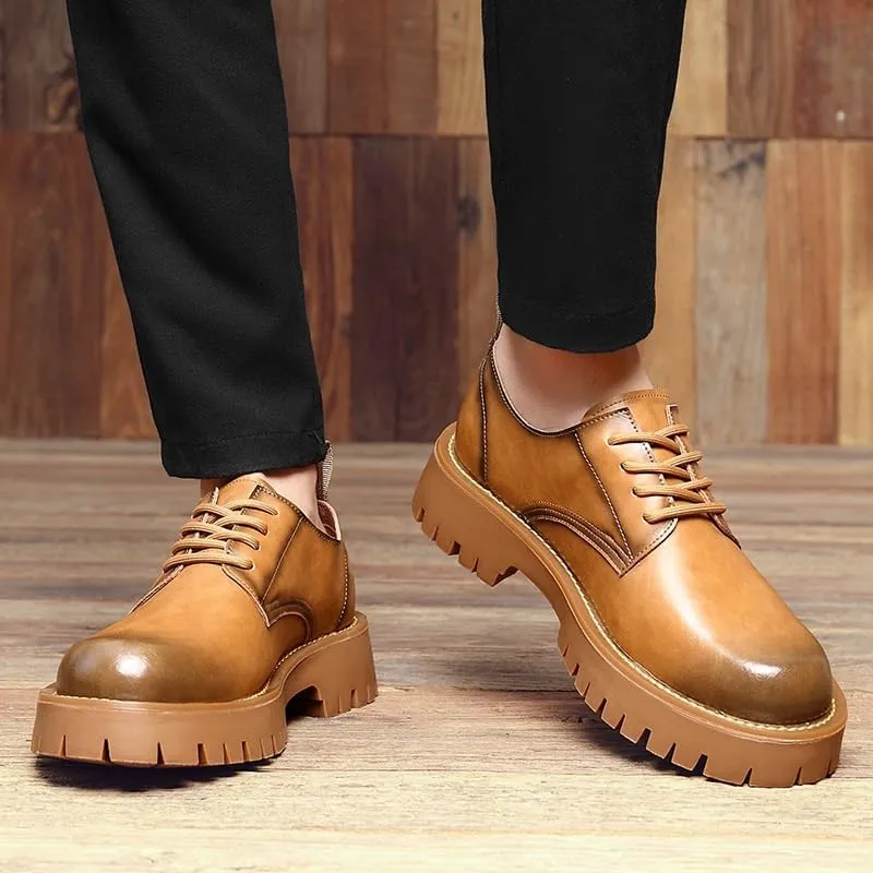 Platform Oxford Shoes for Men Fashion Slip-On Round Anti-Slip Mid Chunky Heels Dress Shoes Patent Leather Brogue Shoes
