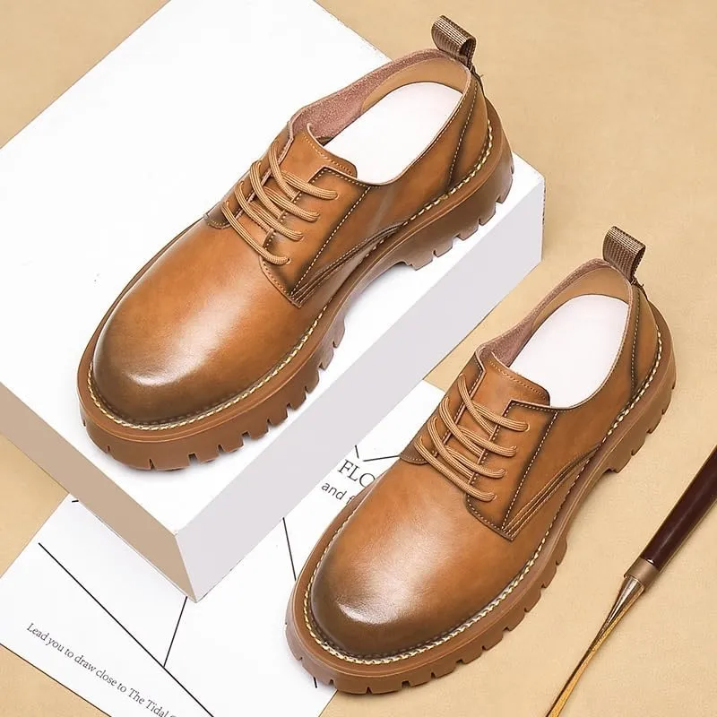 Platform Oxford Shoes for Men Fashion Slip-On Round Anti-Slip Mid Chunky Heels Dress Shoes Patent Leather Brogue Shoes